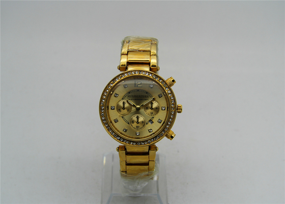 движение кварца латунного wristwatch Gent золота 18K сетноое-аналогов с светя камнями